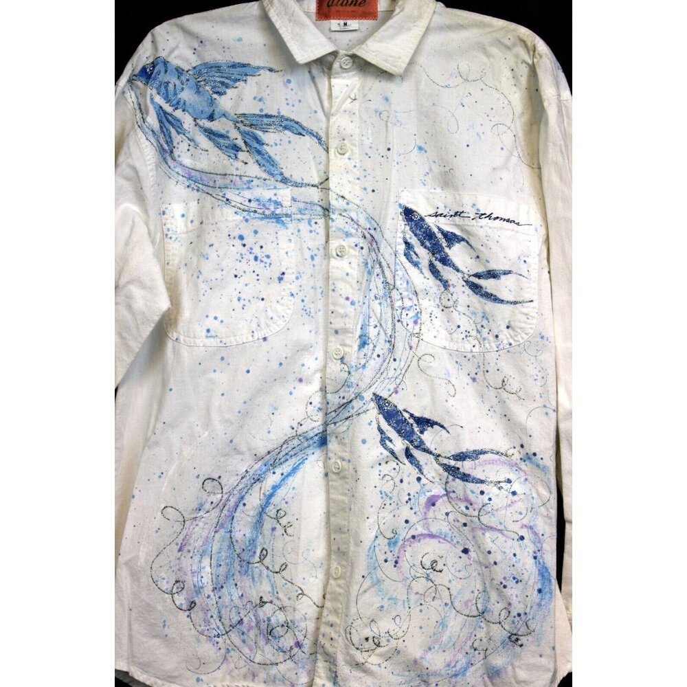 90s Diane St Thomas Hand Painted Shirt Koi Fish Silver Sparkle Splatter Paint - Picture 2 of 14